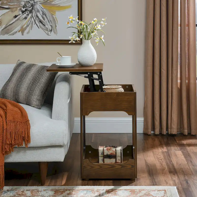 Mid Century Modern Lift Top Side Table, Small Rising End Table Couch Table with Storage Shelf