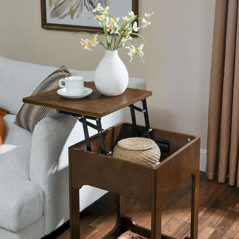 Table d'appoint relevable Mid-Century, petite table de bout relevable pour canapé avec étagère de rangement