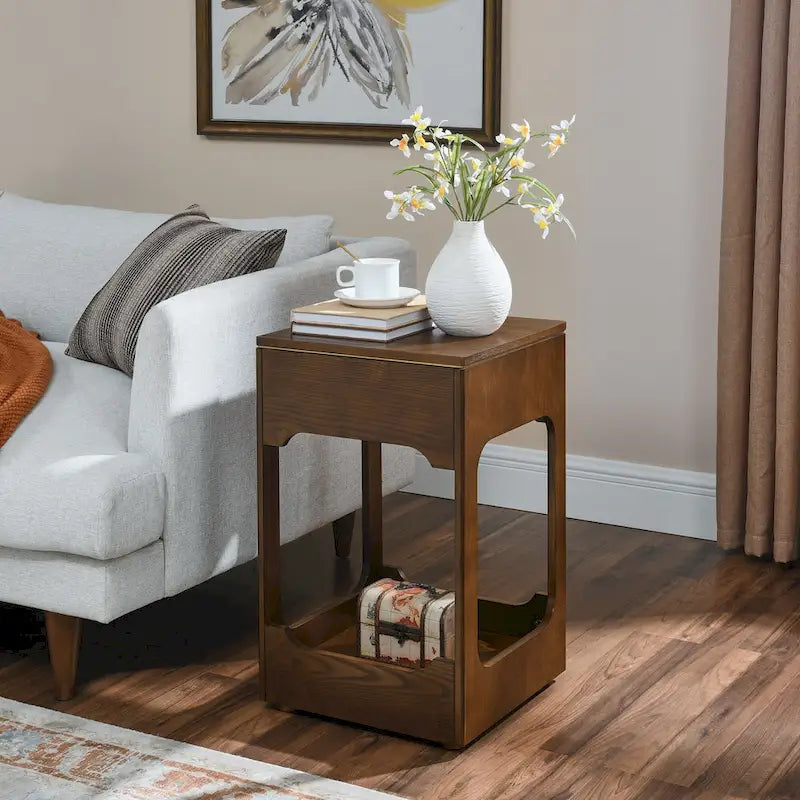 Table d'appoint relevable Mid-Century, petite table de bout relevable pour canapé avec étagère de rangement