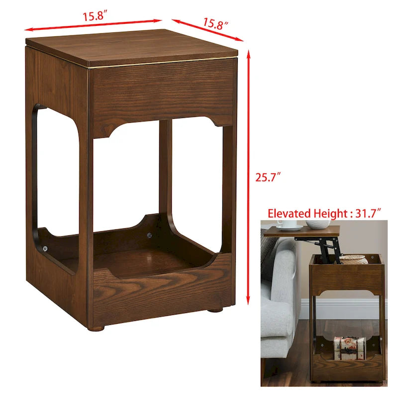 Table d'appoint relevable Mid-Century, petite table de bout relevable pour canapé avec étagère de rangement