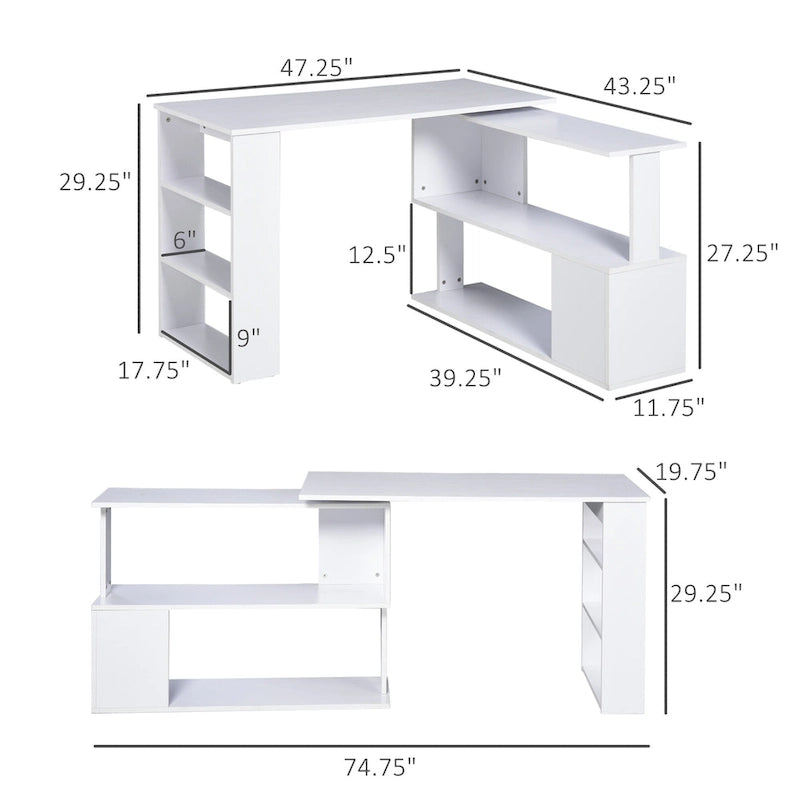 Bureau d'angle informatique moderne en L avec support rotatif à 360 degrés et grand espace de rangement pour petits bureaux et chambres à coucher