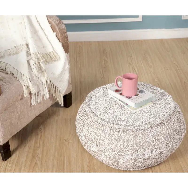 Pouf ottoman en coton beige de 50 cm avec motif géométrique pour le salon