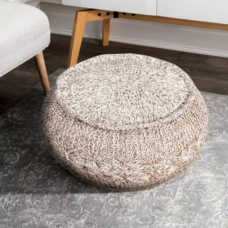 Pouf ottoman en coton beige de 50 cm avec motif géométrique pour le salon