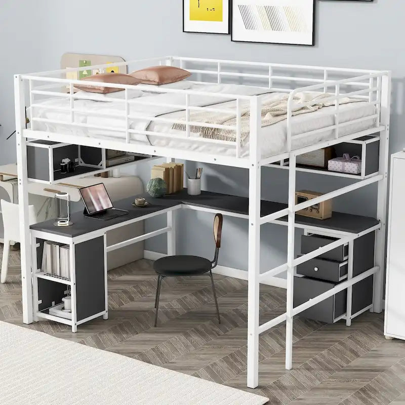 Lit mezzanine pleine grandeur avec bibliothèque et armoire, lit mezzanine en métal avec bureau intégré en forme de L, cadre de lit en métal pour enfants, adolescents et adultes