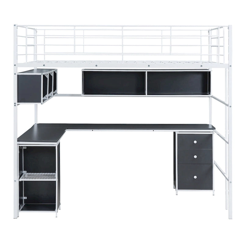 Lit mezzanine pleine grandeur avec bibliothèque et armoire, lit mezzanine en métal avec bureau intégré en forme de L, cadre de lit en métal pour enfants, adolescents et adultes