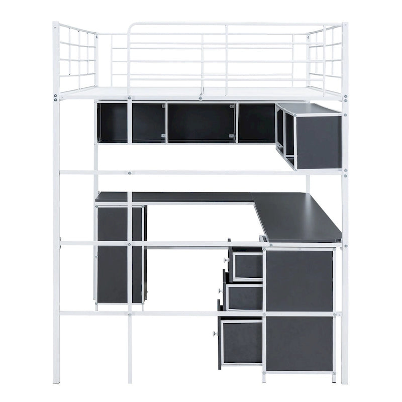 Lit mezzanine pleine grandeur avec bibliothèque et armoire, lit mezzanine en métal avec bureau intégré en forme de L, cadre de lit en métal pour enfants, adolescents et adultes