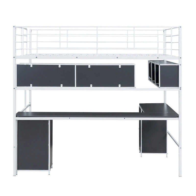 Lit mezzanine pleine grandeur avec bibliothèque et armoire, lit mezzanine en métal avec bureau intégré en forme de L, cadre de lit en métal pour enfants, adolescents et adultes