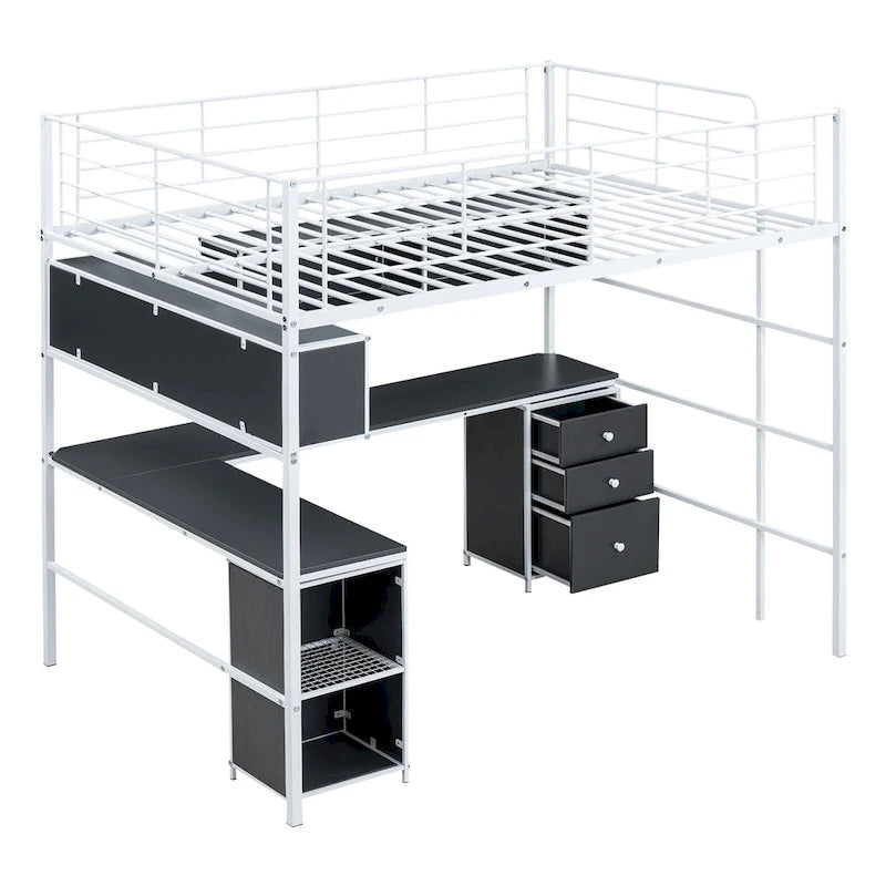 Lit mezzanine pleine grandeur avec bibliothèque et armoire, lit mezzanine en métal avec bureau intégré en forme de L, cadre de lit en métal pour enfants, adolescents et adultes