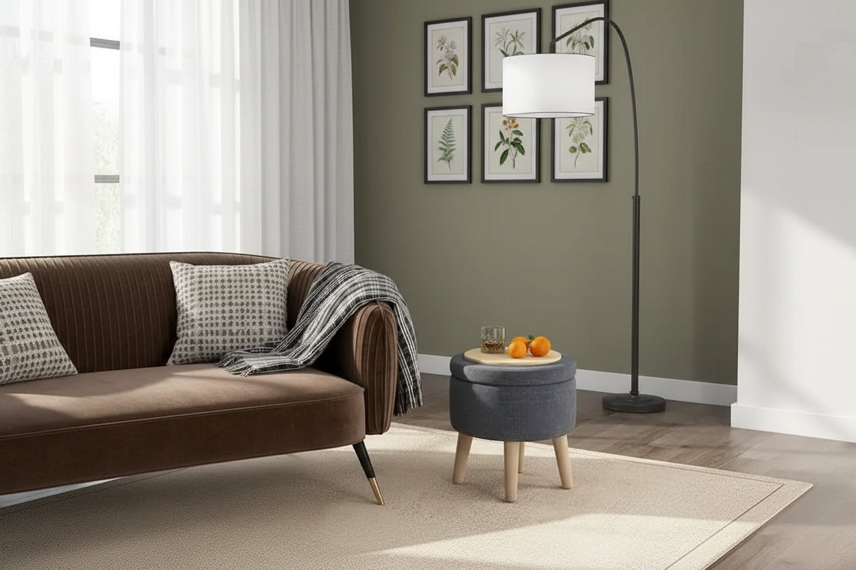 Ottoman de rangement rond avec plateau