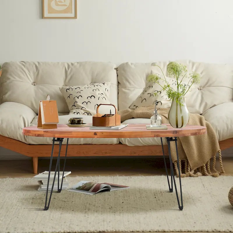 Table basse pliable ovale en bois naturel recyclé - 24,00 x 44,00 x 18,00