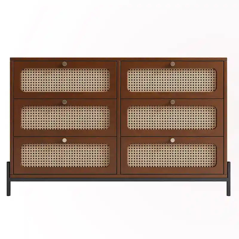 Table de chevet 6 tiroirs en rotin et bois