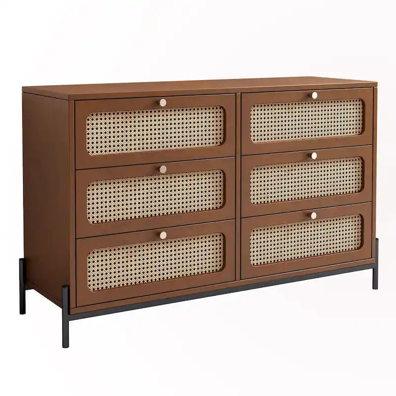 Table de chevet 6 tiroirs en rotin et bois
