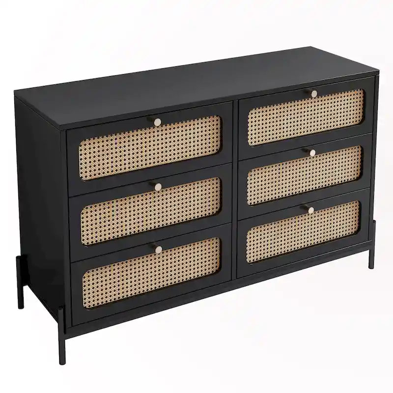 Table de chevet 6 tiroirs en rotin et bois