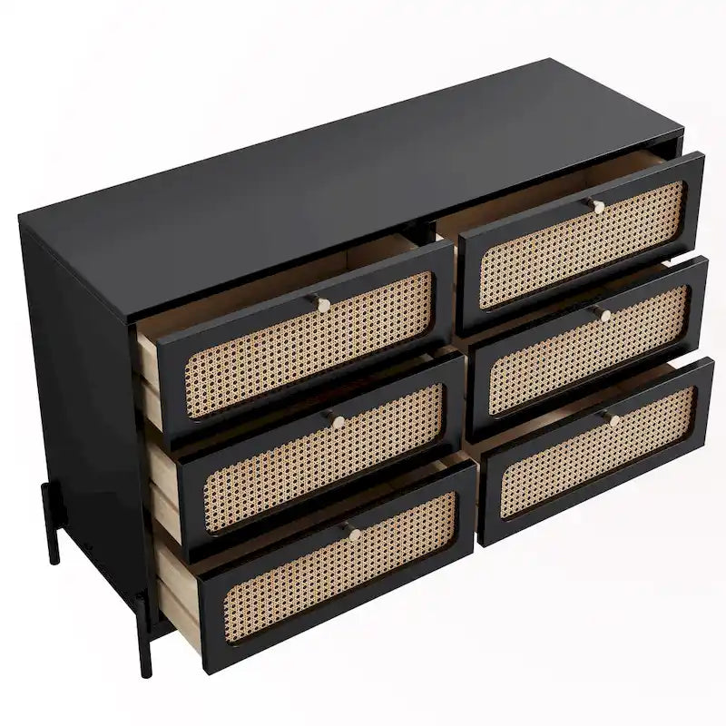 Table de chevet 6 tiroirs en rotin et bois