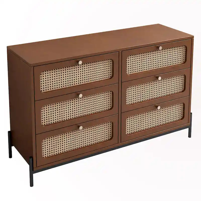Table de chevet 6 tiroirs en rotin et bois