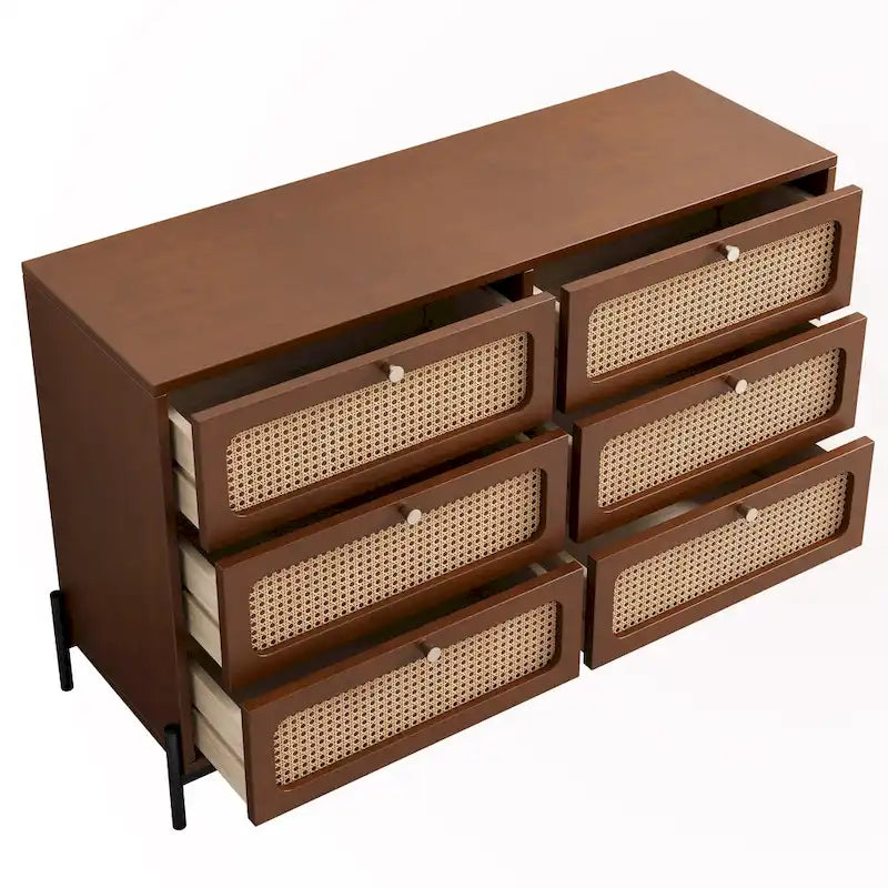 Table de chevet 6 tiroirs en rotin et bois