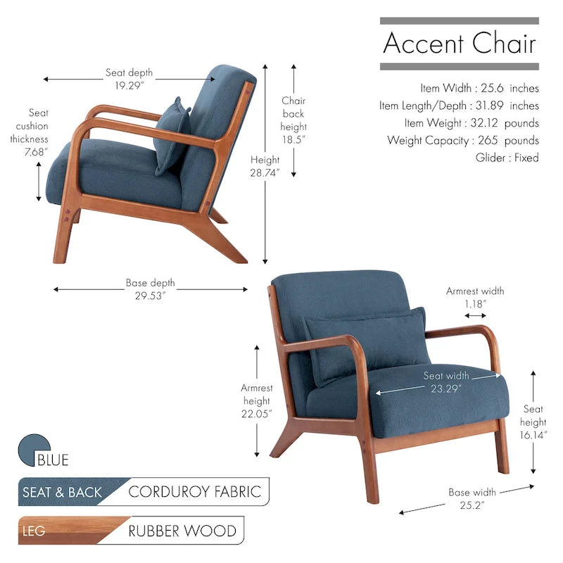 Fauteuil d'appoint en velours côtelé avec coussin et cadre en bois d'hévéa