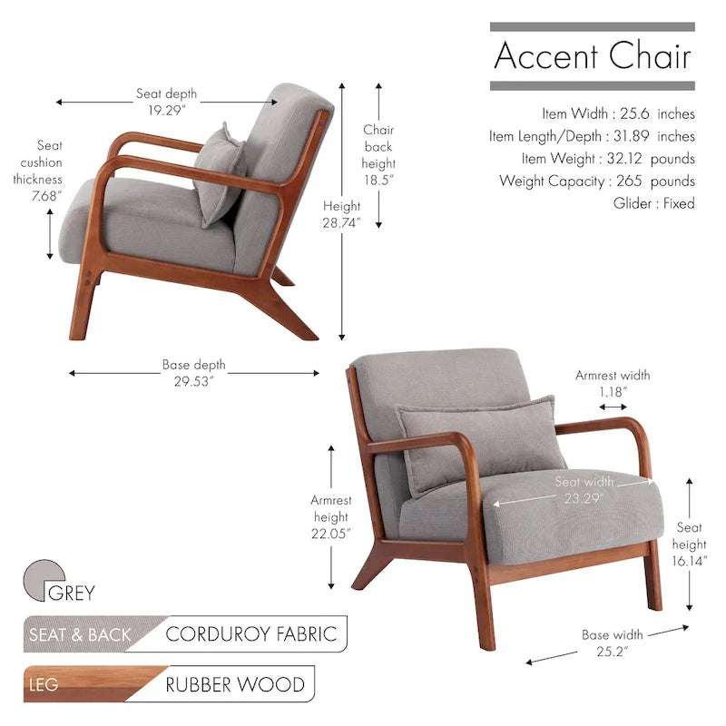 Fauteuil d'appoint en velours côtelé avec coussin et cadre en bois d'hévéa