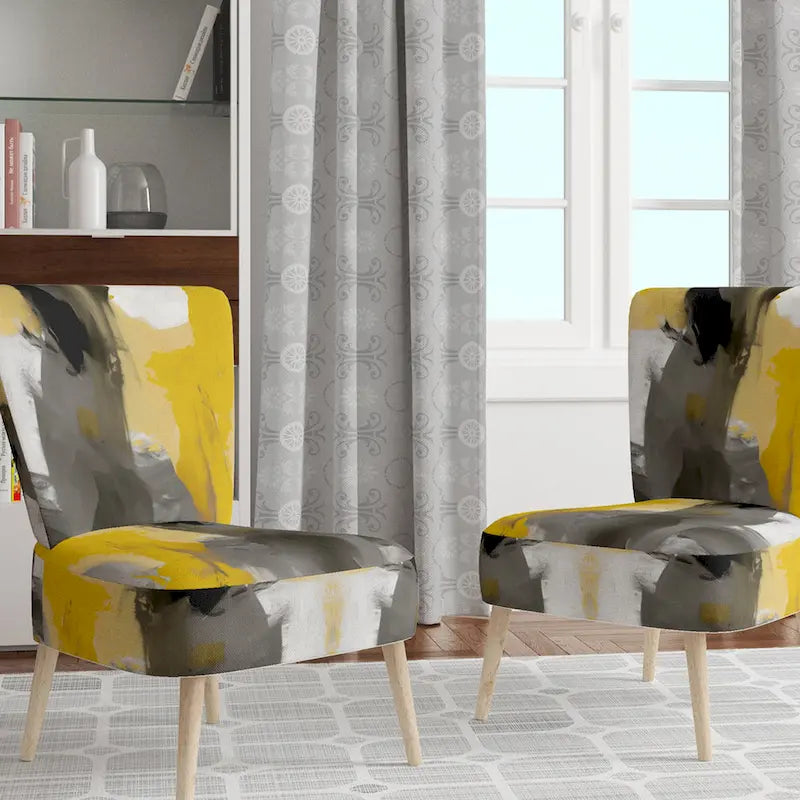 Fauteuil d'appoint abstrait en tissu gris vif et jaune moutarde