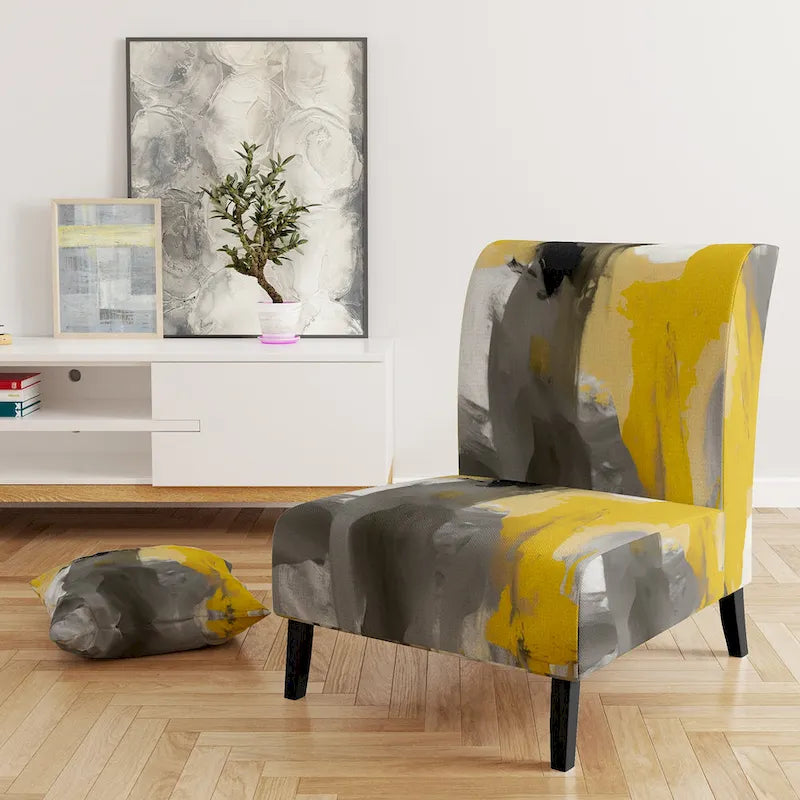 Fauteuil d'appoint abstrait en tissu gris vif et jaune moutarde