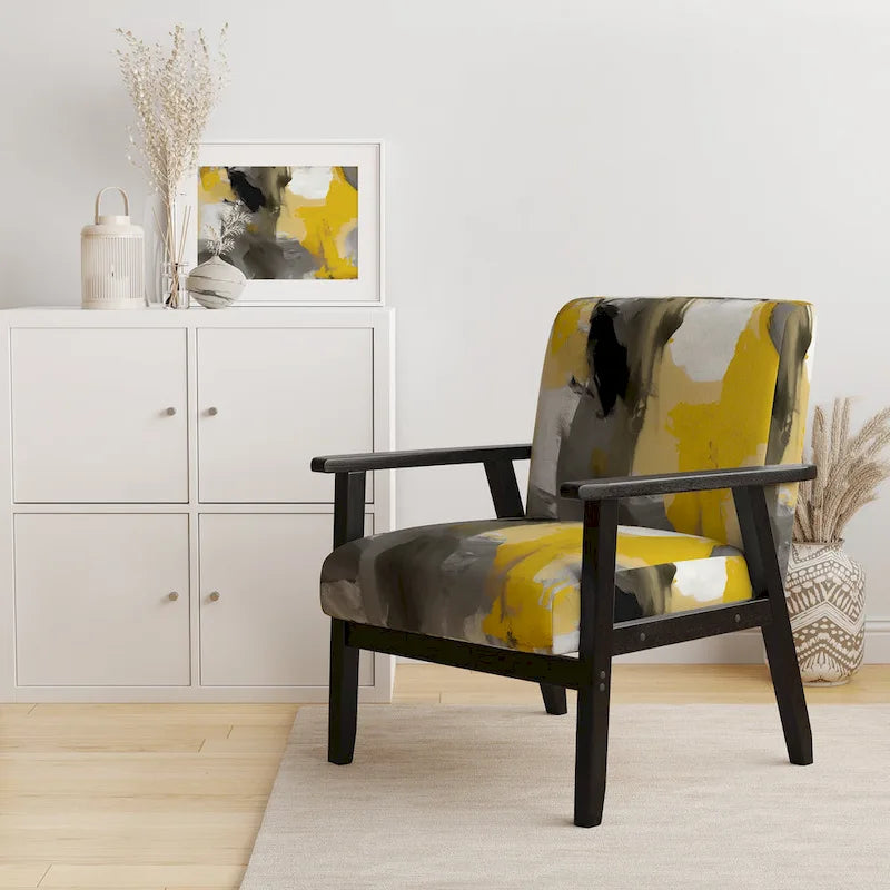 Fauteuil d'appoint abstrait en tissu gris vif et jaune moutarde