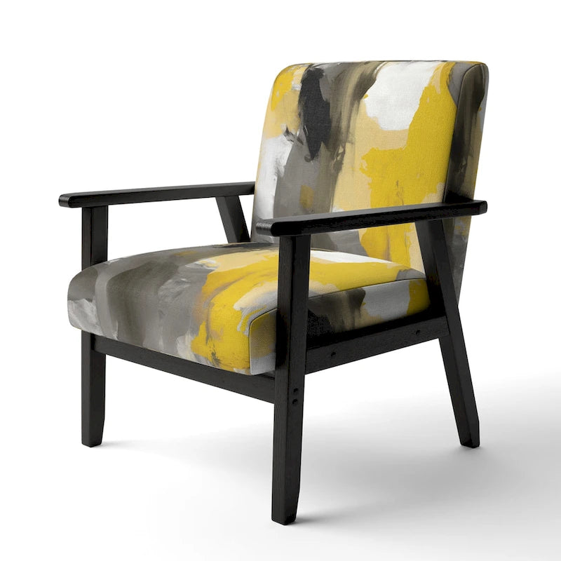 Fauteuil d'appoint abstrait en tissu gris vif et jaune moutarde