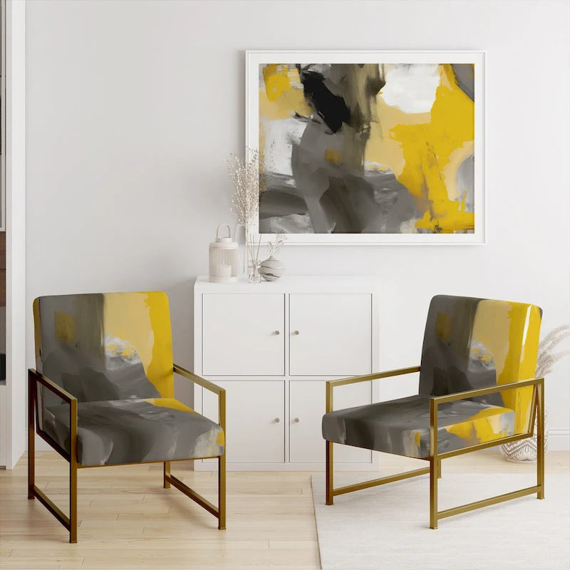 Fauteuil d'appoint abstrait en tissu gris vif et jaune moutarde