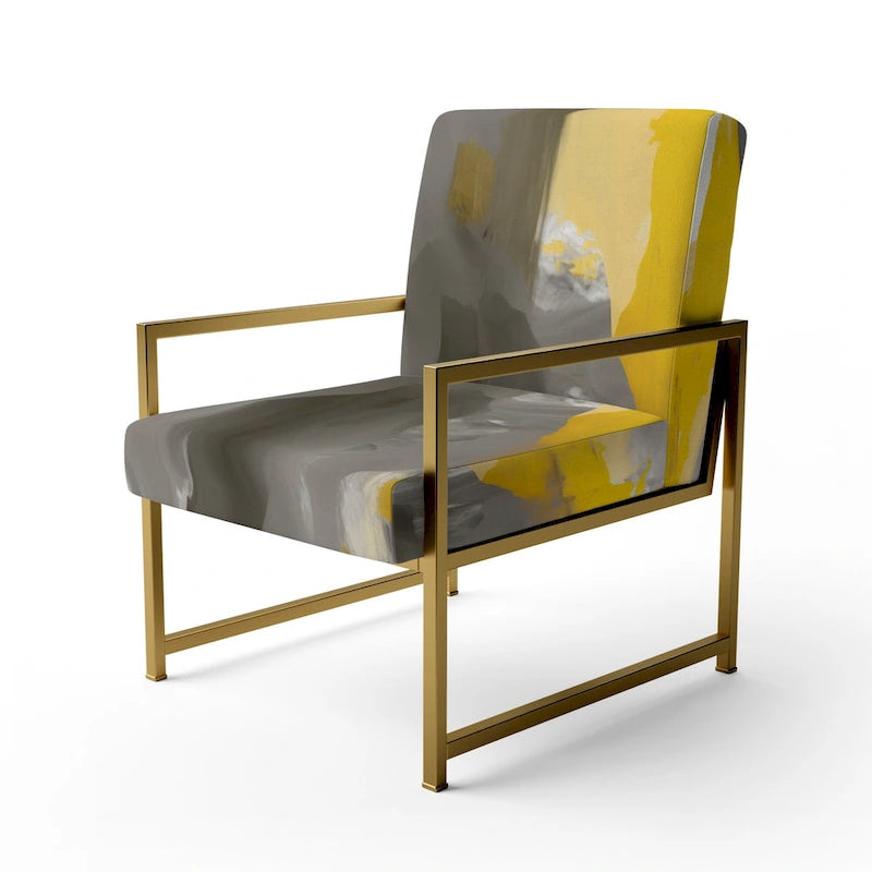 Fauteuil d'appoint abstrait en tissu gris vif et jaune moutarde