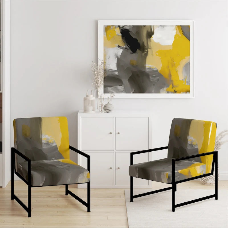 Fauteuil d'appoint abstrait en tissu gris vif et jaune moutarde