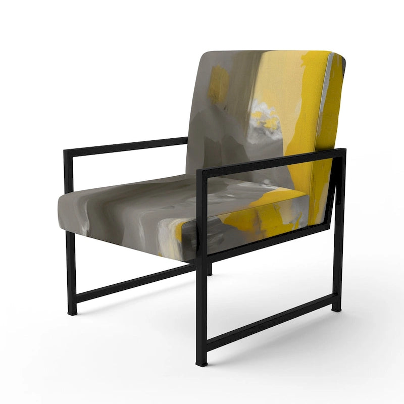 Fauteuil d'appoint abstrait en tissu gris vif et jaune moutarde