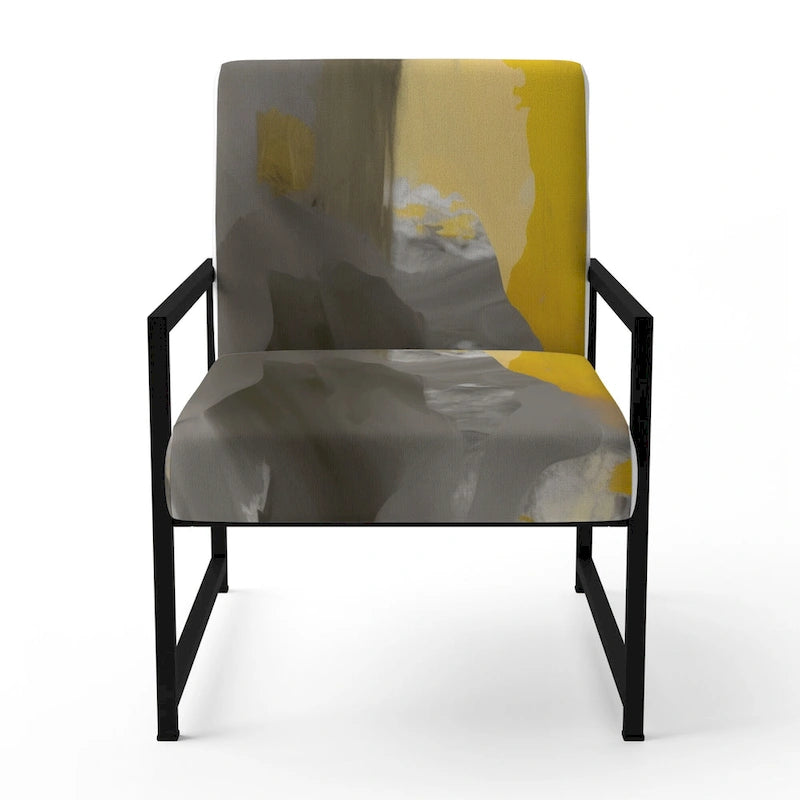 Fauteuil d'appoint abstrait en tissu gris vif et jaune moutarde
