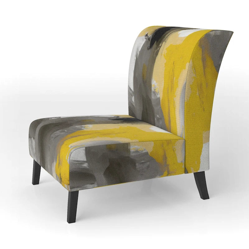 Fauteuil d'appoint abstrait en tissu gris vif et jaune moutarde