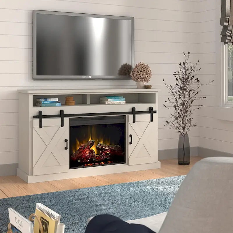 Meuble TV de 66 pouces avec cheminée électrique pour téléviseurs jusqu'à 80 pouces, fini blanc