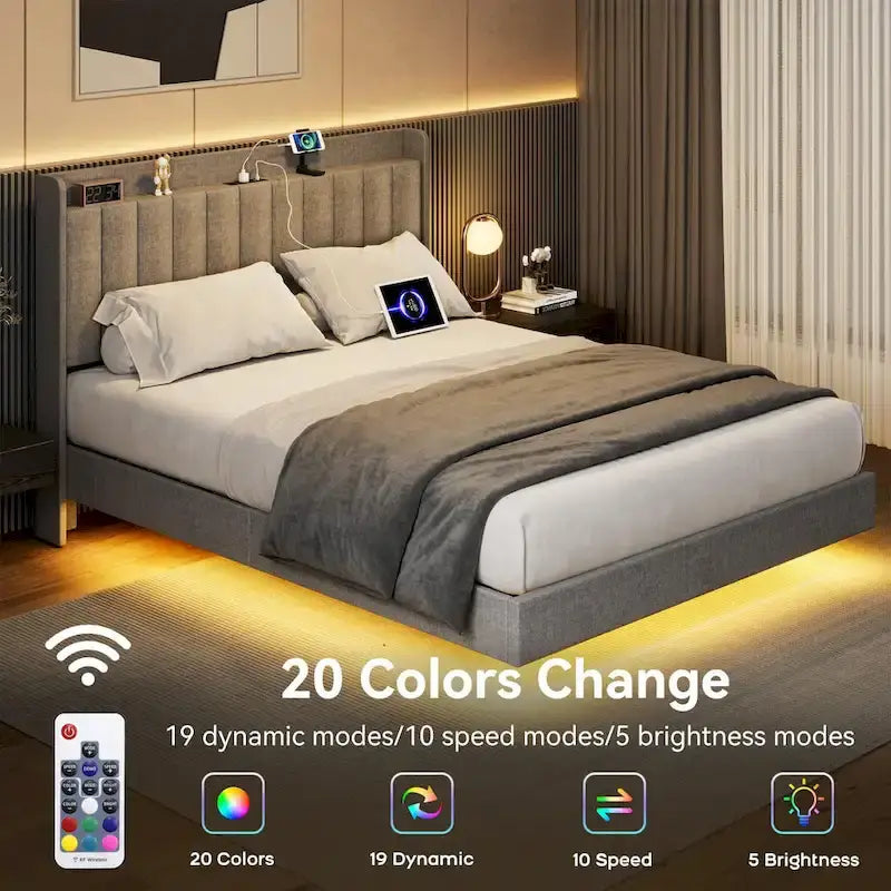 Cadre de lit flottant moderne rembourré avec lumières LED