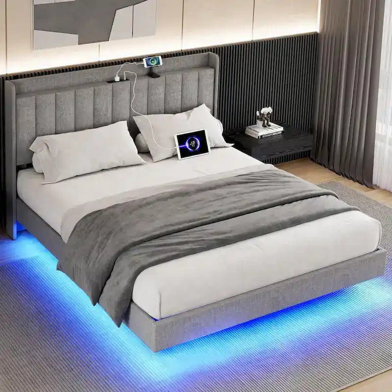 Cadre de lit flottant moderne rembourré avec lumières LED