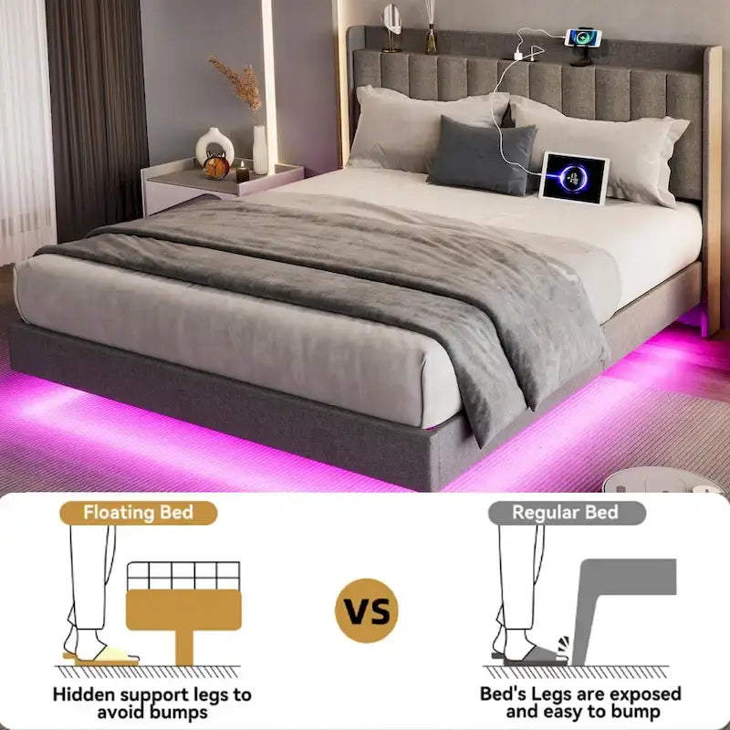 Cadre de lit flottant moderne rembourré avec lumières LED