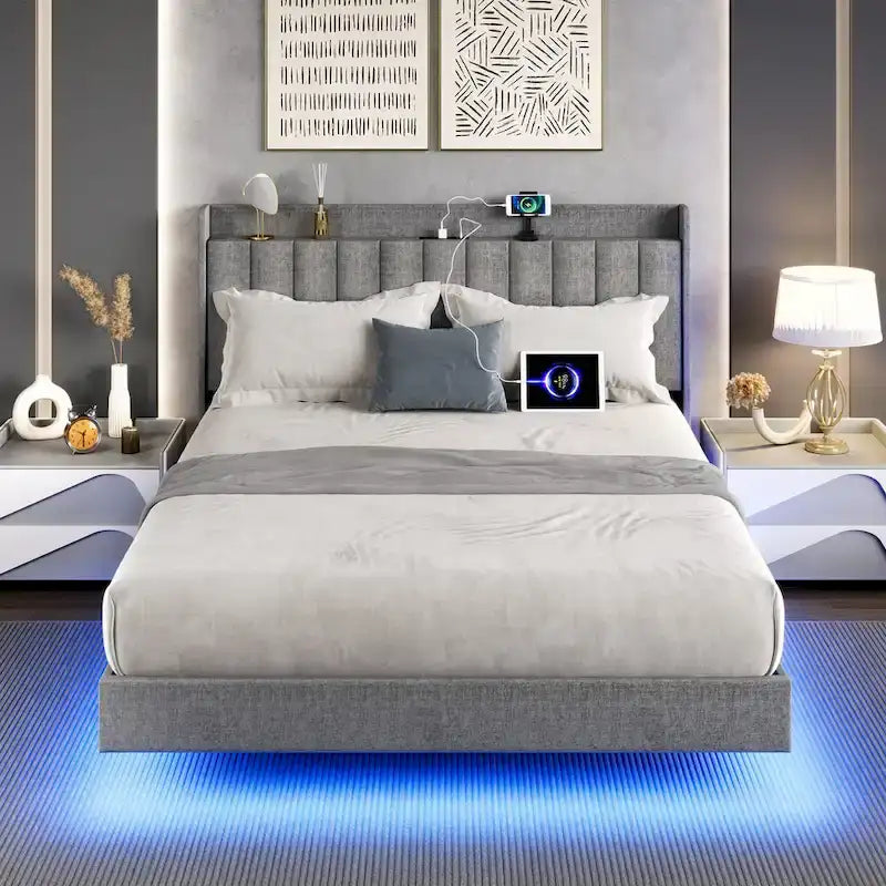Cadre de lit flottant moderne rembourré avec lumières LED