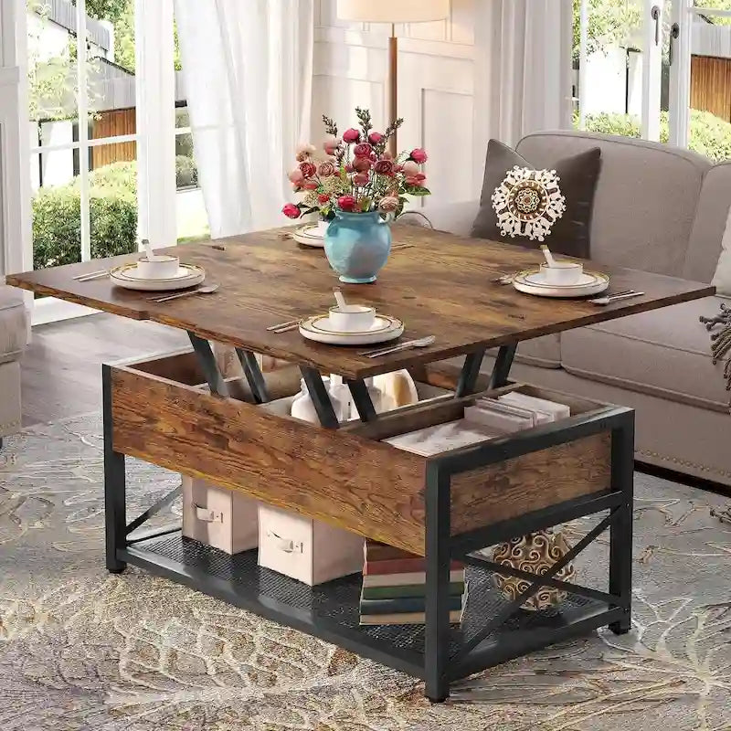 Table basse relevable avec étagère de rangement ouverte et rangement classifié caché