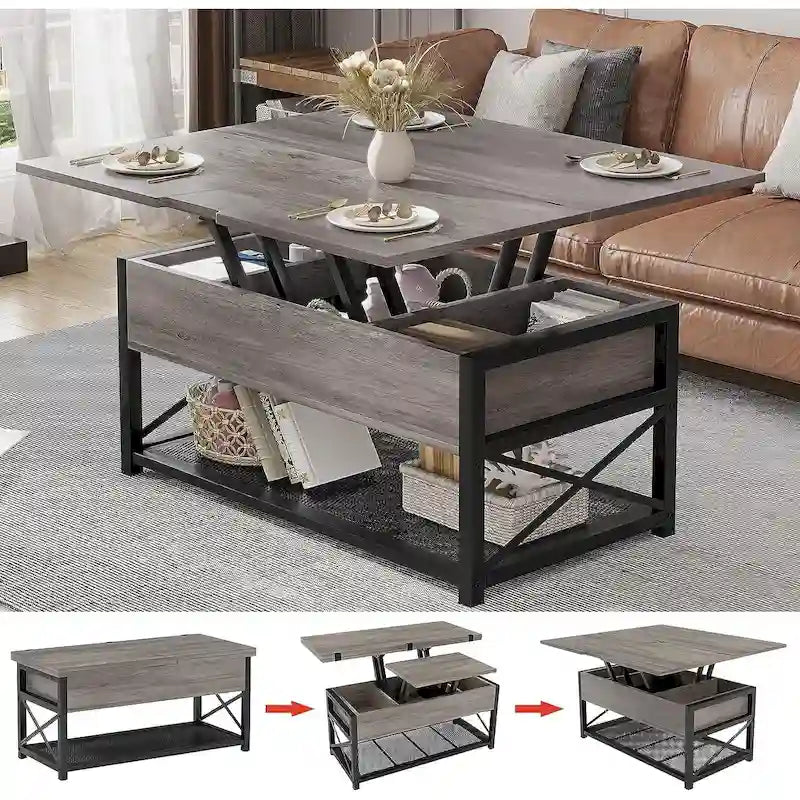 Table basse relevable avec étagère de rangement ouverte et rangement classifié caché