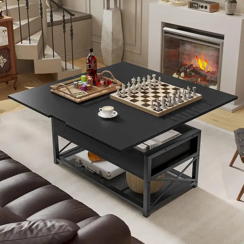 Table basse relevable avec étagère de rangement ouverte et rangement classifié caché