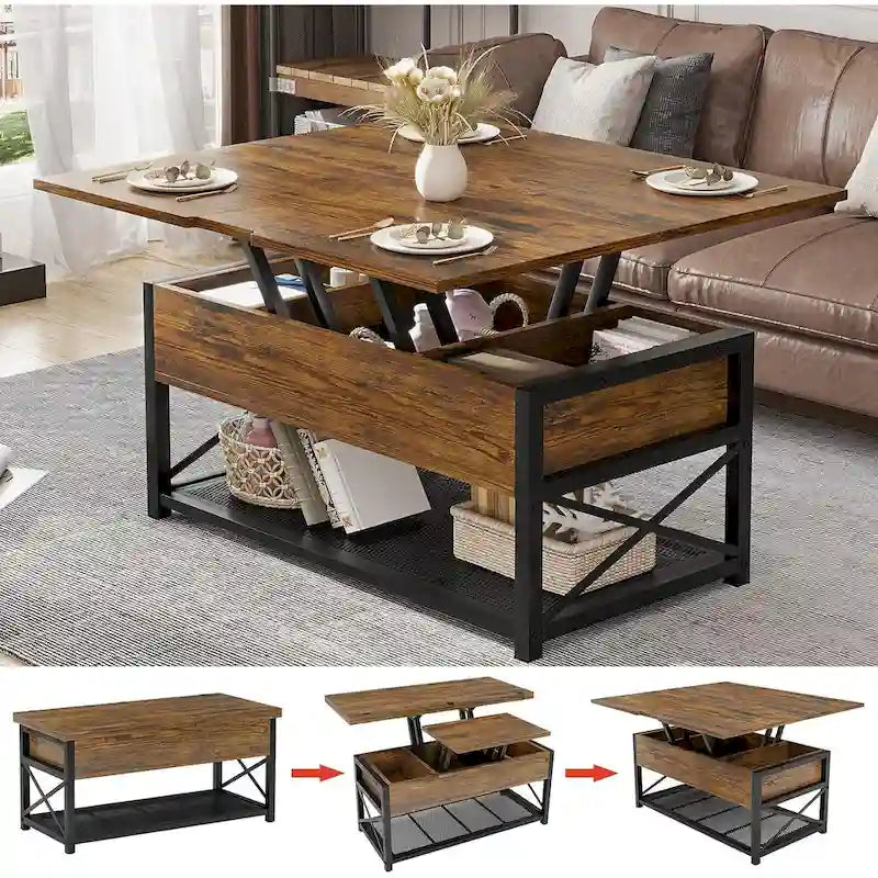 Table basse relevable avec étagère de rangement ouverte et rangement classifié caché