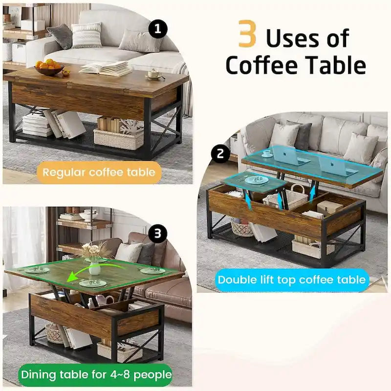 Table basse relevable avec étagère de rangement ouverte et rangement classifié caché