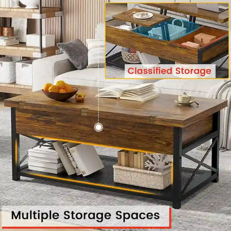 Table basse relevable avec étagère de rangement ouverte et rangement classifié caché