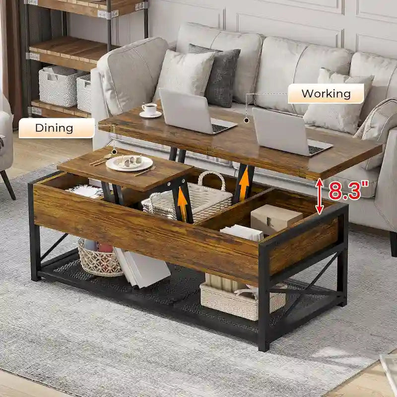 Table basse relevable avec étagère de rangement ouverte et rangement classifié caché