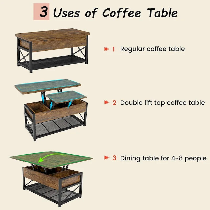 Table basse relevable avec étagère de rangement ouverte et rangement classifié caché