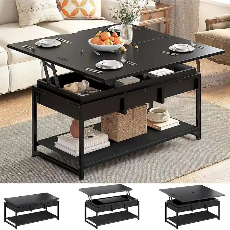 Table basse relevable avec étagère de rangement ouverte et rangement classifié caché