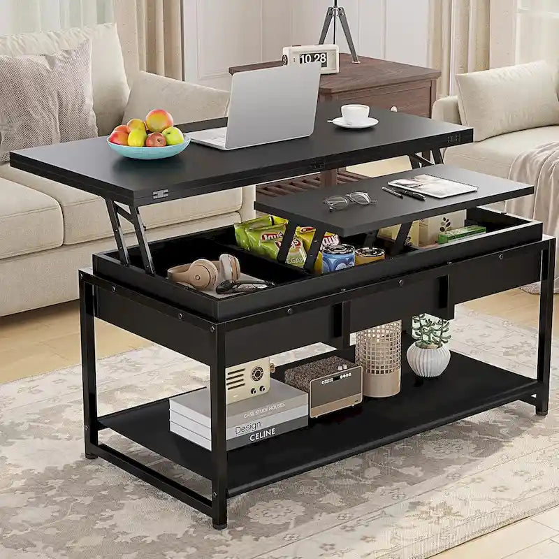 Table basse relevable avec étagère de rangement ouverte et rangement classifié caché