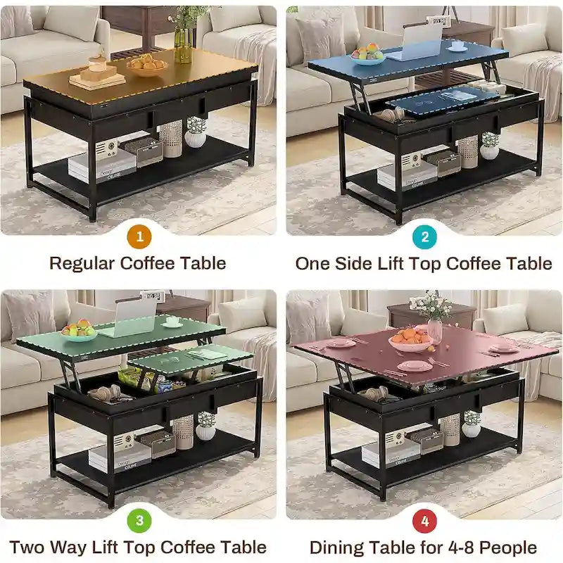 Table basse relevable avec étagère de rangement ouverte et rangement classifié caché