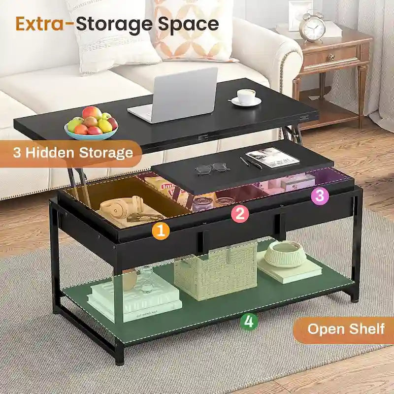 Table basse relevable avec étagère de rangement ouverte et rangement classifié caché