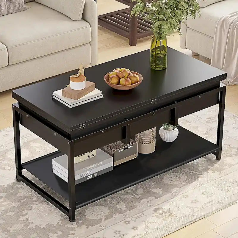 Table basse relevable avec étagère de rangement ouverte et rangement classifié caché